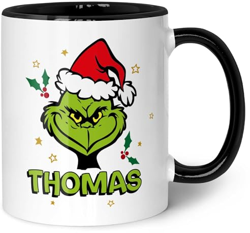 GRAVURRALAD Tryckt julmugg – Grinch MiMiMi – personlig med namn – diskmaskinssäker och mikrovågsugnssäker – kopp som present till dig och honom till jul – svart och vit med namn