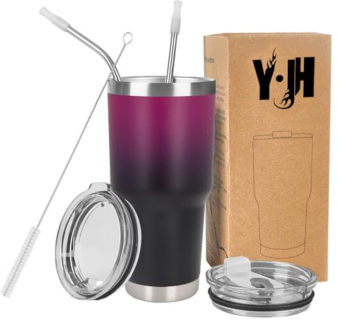 Y·J&H 30oz (850ml) Travel Tumbler Double Wall Vacuum Insulated Coffee Mug Stainless Steel Coffee Cup with 2 Splash Proof Lid, 2 Straws & Free Cleaning Brush, BPA Free - Purple&Black