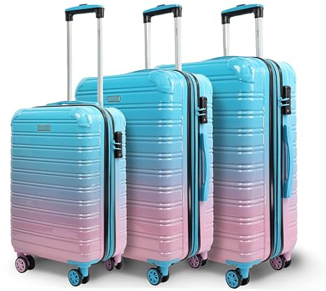 Blade Kofferset 3 Teilig Erweiterbar - Hartschalen Koffer Trolleys - Leichter Rollkoffer Handgepäck aus ABS+PC mit TSA Schloss - 4 Spinner Räder Koffer - 3er Reisekofferset (Blau-Pink-Set)