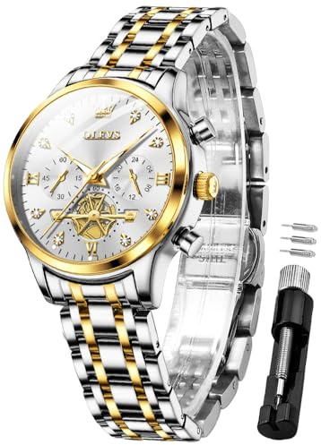 OLEVS Womens Watches Chronograph Luxury Diamond Dress Quartz White Wrist Watches Stainless Steel Waterproof Luminous