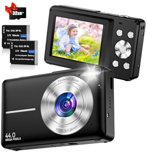 Digitalkamera 1080P 44MP Fotokamera Kompaktkamera Digitale Fotoapparat mit 16X Zoom, 32 GB Karte,2 Akku 2,4 LCD Digitalkameras für Jugendliche Anfänger Jungen Mädchen(Schwarz)