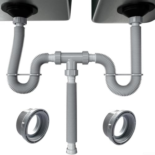 Kit di Scarico Doppio Regolabile, Tubo Flessibile di Scarico, Con Design P Trap e Guarnizioni in Silicone per un Montaggio Sicuro in Qualsiasi Spazio