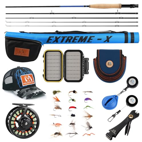 Maxcatch Extreme-X Fly Fishing Rod and Reel Combo, 3-8wt Complete Starter Fishing Kit with Fly Box, Flies, Rod Clip Holder, Rod Case, Extra Tip Section (3wt-8'4'' 4pc Rod, 3/4wt Reel)
