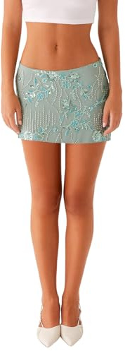 Women Y2k Sequin Mini Skirt Glitter Low Rise Beaded Skinny Short Skirts Sparkly Bodycon Pencil Skirt for Party Night Out Streetwear
