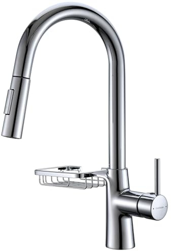 KeeGone Kitchen Tap, Mixer tap with Pull Out Spray Storage Rack, Silver | Kitchen Mixer tap Pull Down Kitchen Sink Mixer Taps Faucet High Arc 360° swivelling Two Modes