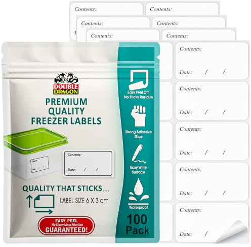 Double Dragon Freezer Labels [100 Pack] – Easy Peel Removable Stickers, No Sticky Residue – Waterproof, Strong Adhesive, Easy-Write Surface for Food Containers, Freezer Bags & Baby Pots (6 x 3cm)