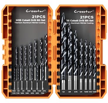 Crosstar Cobalt Stepped Point Drill Bit Set-21pcs 1/16-1/2 TiAlN Coated Step Drill Head,M35 HSS Jobber Bits,No Pre-Drilling,3-Flat Shank,with Indexed Storage Case,Precise Drilling,for Hardened Steel