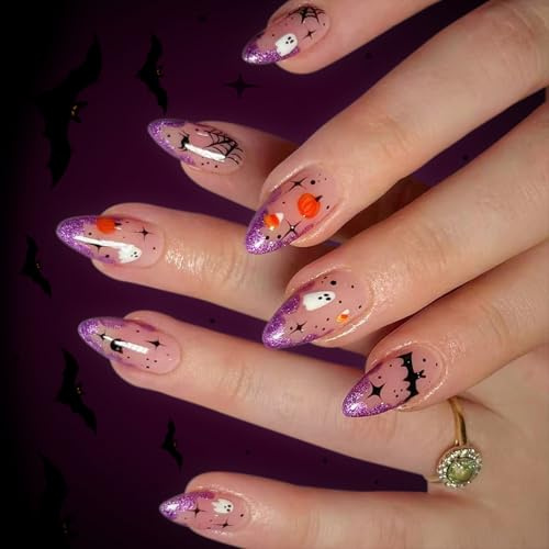 Uñas postizas de Halloween, 24 unidades, polvo gótico, brillante, telaraña, arte ABS para fiesta, disfraces, uñas postizas de Halloween