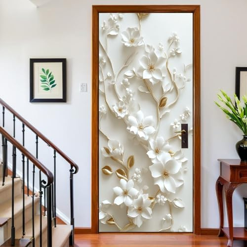 Adesivo per Porta 95 x 215 cm fiori Carta da Parati Porta Autoadesiva Bianco Poster Murale Pellicola Decorativa per Porta per Soggiorno Cameretta Cucina Bagno