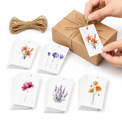 50 Pcs Gift Tags for Presents, Floral Blank Paper Tags with String | 5 Watercolor Designs for Weddings, Birthdays, Party Favors, Gift Wrapping, DIY Crafts and Personalised Messages