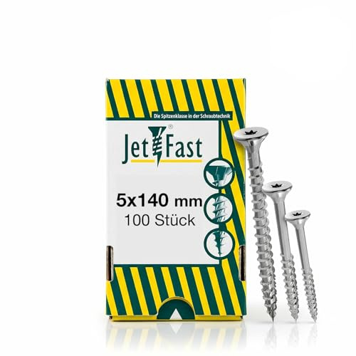 Jet-Fast Premium universalskruvar 5,0 x 140 mm, 100 stycken, duo-försänkt huvud, delvint TX-drift, blå galvaniserad, träskruvar, spånskivskruvar, skärspets, tysk kvalitet