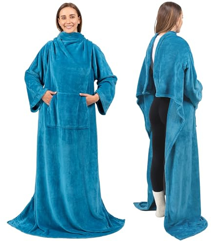 PAVILIA Teal Blue Fleece Wearable Blanket with Sleeves for Adults Women Men, Soft Warm Full Body Wrap Throw, Sweatshirt Pocket, Cozy Pullover Robe Blanket with Arm, Gifts for Christmas Mom Wife