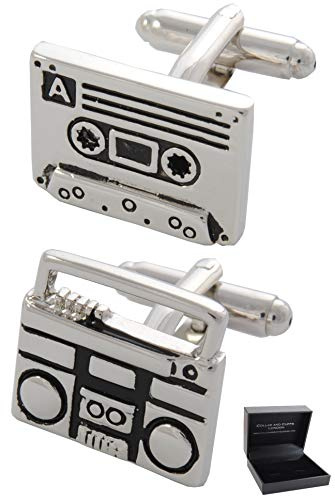 COLLAR AND CUFFS LONDON Gemelos Camisa Hombre Música - con Caja - Gemelos para Camisas - Cinta de Cassette Retro y Reproductor de Cassette - Latón - Radio DJ Grabadora - Color Plata y Negro - Un Par