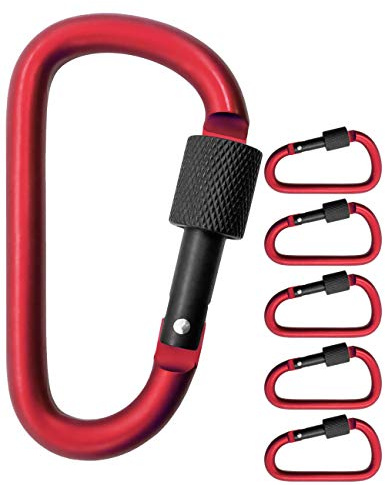 OutdoorSaxx - Moschettoni a vite in alluminio, 8 cm, 5 pezzi, rosso e nero