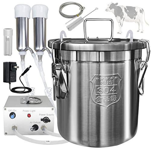 Hantop Cow Milking Machine 12L, Plug-in Powered, Speed Adjustable Pulsating Vacuum Pump, Food Grade 304 Stainless Steel Milk Bucket, Auto-Stop Check Valve, Electric Cow Milker (Classic Model)