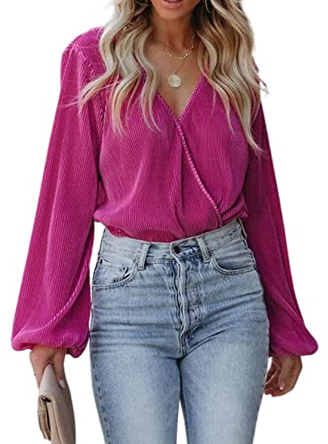 CUPSHE Camicette da donna con scollo a V, effetto avvolgente, a maniche lunghe, pieghe, a maniche, Fucsia, M