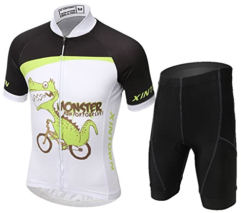 Amur Leopard Completo da Ciclismo Bambini Unisex Maglia a Manica Corta + Pantaloncini Imbottiti Abbigliamento della Bicicletta per Ragazzi, Piccolo Dinosauro, S/5-6 Anni