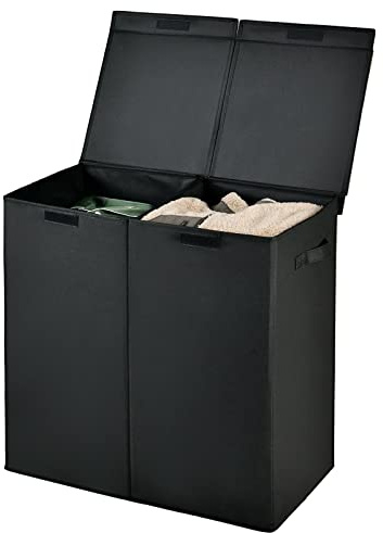 GIANTEX Cesta de Lavandería Sucia de 105 L con Tapas, 2 Compartimentos Divididos con Asas, Bandeja de Lavandería para Ropa de Venta de no Tejida para Cuarto de Baño, Negro
