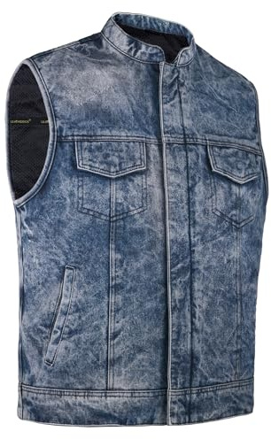 Leatherick Smanicato da moto da uomo Doppia chiusura Fodera interna traspirante Gilet in denim sbiadito Thrill Vibe (XL)
