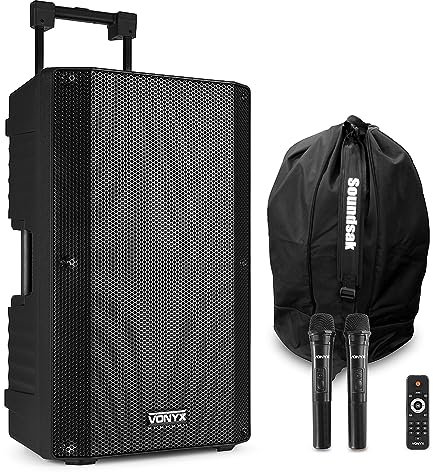 VONYX VSA700 15 Portable PA Speaker System 1000W with Battery Power, 2 Wireless Microphones, Bluetooth Audio Streaming and Soundsak Protective Carry Bag