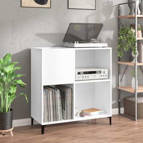 Prissent Meuble à Disques Blanc en Bois Multicouche 84,5 x 38 x 89 cm - Porte-disques Vinyle, CD, TV Multifonction - Étagère Buffet Salon