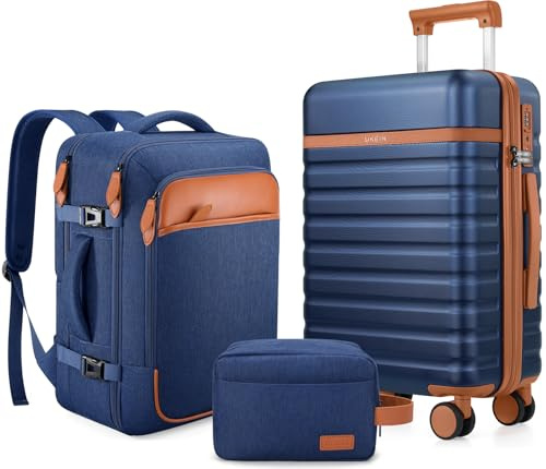 UKEIN Luggage Sets 3 Piece, Carry On Luggage 20In With Spinner Wheels,PC Hardside Suitcase Set with TSA Lock,Durable Carry On Suitcase With Travel Backpack for Men (Blue, 3 piece set (20inch))