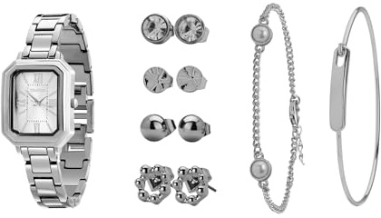 TIME100 Caja de Regalo Reloj Mujer Set Reloj Rectangular con Pulsera y Cadena, Caja Rosa con Cierre, Regalo Elegante para Mujer (Plateado)