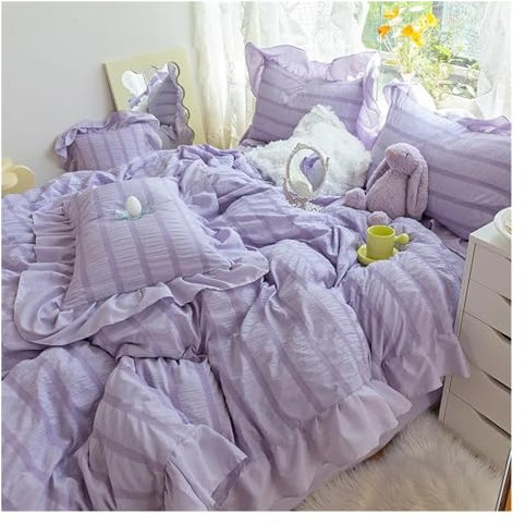 Ultra Suave Tela de Seersucker colchado de Ropa de Cama Blanca Doble Reina Rey 4pcs Cubierta nórdica sábana Plana 2 Fundas de Almohadas, Cubierta de algodón ui