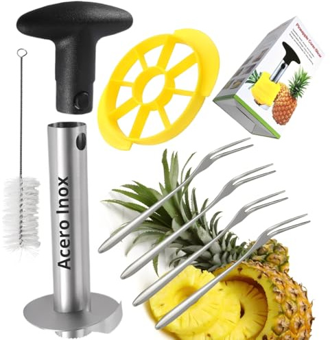 Pelador de Piña - Cortador de Piña - Descorazonador de Piña natural de Acero Inoxidable, Pelapiña, Cortapiñas- Pelar Piña [Incluye Accesorios: Troceador, 4 Tenedores y Cepillo de Limpieza ]