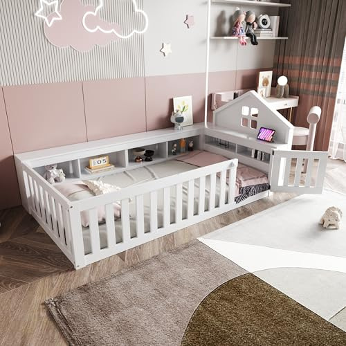 Biqzuya Lit Enfant 90x200 cm en Bois Massif - avec Toit, Fenêtre, Barreaux de Sécurité, Tiroir de Rangement et Protection Totale - Sommier à Lattes Inclus, Blanc, sans Matelas Inclus
