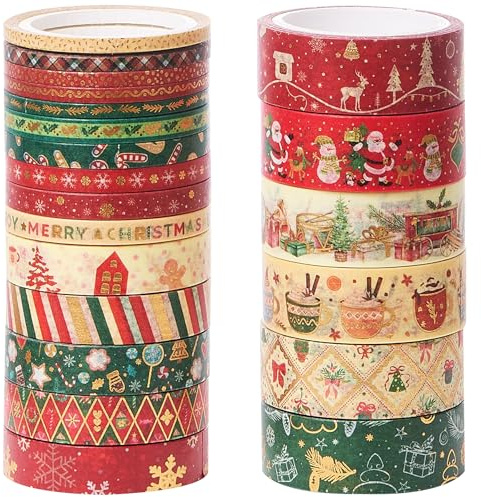 YUBX 21 rullar washi tejp jul washi maskeringstejp guldfolie tejp dekorativ tejp papper tejp för bullet journal scrapbooking hantverk gör-det-själv-tillbehör