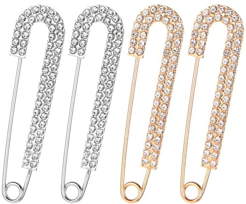 4 PCS Rhinestone Safety Pin Brooch, Metal Elegant Decorative Safety Pins for Clothes, Silver and Gold Crystal Big Safetys Pins Vintage Large Sweater Shawl Clips for Women Skirts Scarf Shirt