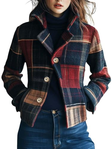 Generisk damjacka av ullblandning i rutig design kort kavaj i peacoat stil vinterjacka kort snitt för utomhus, marinblå, M