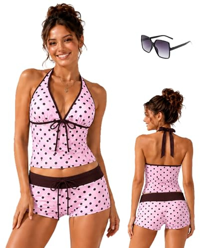 Y2k Cute Polka Dot Tankini Swimsuit for Women, 2 Piece Vintage 2000s Retro Summer Beach Bikini Set with Shorts