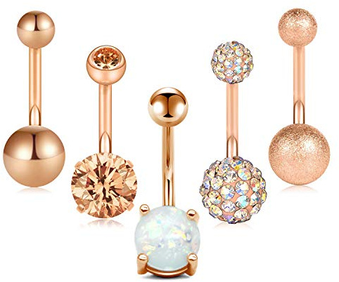 Crdifu 5 Piezas Piercing Ombligo Acero Inoxidable 316L 14G 10mm Oro Rosa Anillos de Ombligo con Circonita Cúbica Ópalo Joyería Corporal para Mujer