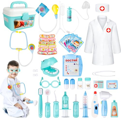 deAO Maletín de Doctor y Dentista Conjunto 2en1 Doctor y Enfermería Clínica Dental Juego para Niños y Niñas Incluye 17 Accesorios Luces y Sonidos Juegos de Imitación (Azul)