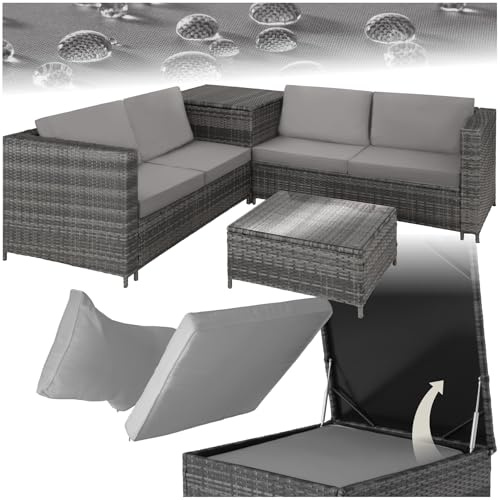 tectake® Rattan Garden Furniture Set, 2 Sofas with Extra Thick Cushions, Table with Glass Top and Garden Storage Box, Garden furniture for Patio, Garden, Balcony, outdoor furniture - grey/light grey