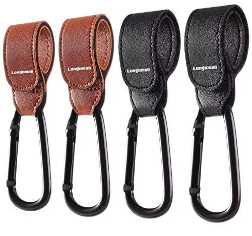 Longomat 4-Pack Baby Stroller Hooks Clip or Hanging Diaper Bag Universal Hooks Accessories for Stroller and Car or Shopping Cart Made of Aircraft Aluminum and Leather (Black and Brown)