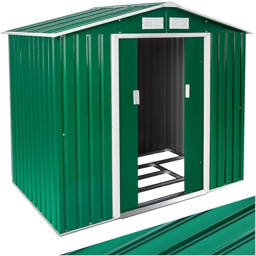 tectake® Metall Gartenhaus mit Satteldach, Geräteschuppen Garten mit Schiebetür, Gerätehaus mit Metallfundament, als Gartenschuppen, Gartenhütte oder Fahrradgarage, 4 m³ Lagerfläche - grün/weiß