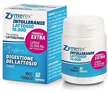Zymerex INTOLLERANZE LATTOSIO 15.000 | 60 compresse | Digestione lattosio | Enzima Lattasi PURO | Confezione risparmio | Senza glutine e lattosio