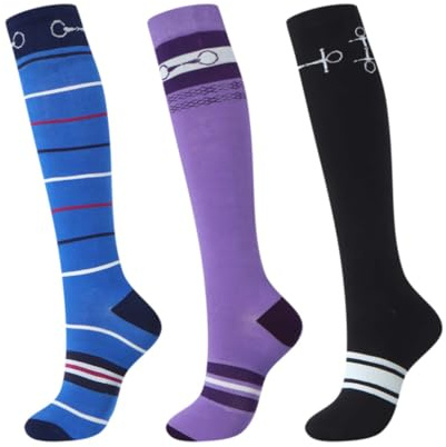 Harrison Howard Lot de 3 paires de chaussettes d'équitation de qualité supérieure pour l'équitation et bottes hautes pour femme, Barre de couleur bleue/mors pour cheval violet/mors noir, taille unique