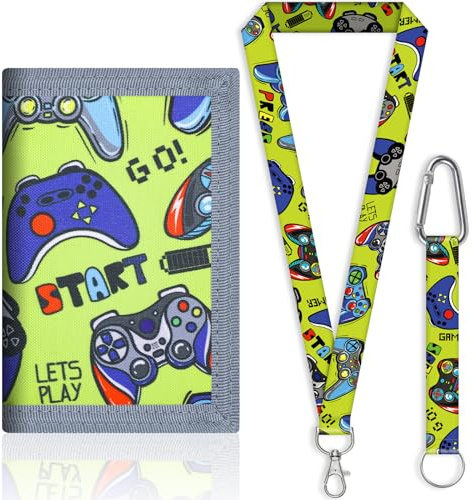 JONYEE Kids Wallet for Boys and Girls 4-16 with Lanyard and Key Chain Holder, Trifold Camo and Cute Wallets for Kids,with Coin and Card Pockets, Novelty Birthday Gifts for Childrens(Green Gamepad)