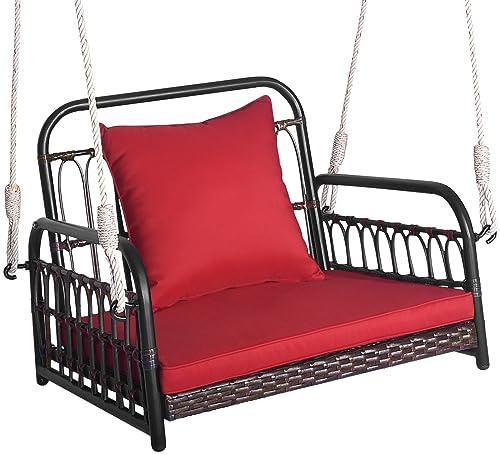 GIANTEX Fauteuil suspendu d'extérieur en rotin et cadre en métal, siège suspendu avec dossier et accoudoirs, fauteuil à bascule avec coussins d'assise et de dossier, chaise à bascule suspendue avec