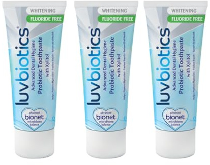 Luvbiotics – Probiotische Zahnpasta weisse Zähne mit Xylitol & ohne Fluorid 3x75ml – Whitening Toothpaste ohne SLS, Parabene & künstl. Süßstoffe – Unterstützt Mundflora, frischen Atem & Zahnfleisch