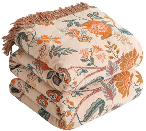 Boho Throw Blanket for Bed 60”x80”, 100% Cotton Woven Blanket for Couch Sofa, Ultra Soft 4-Layer Muslin Quilt with Floral Printed, Farmhouse Bed Blanket/Cover for Living Room Decor