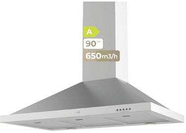 EVVO Cappa aspirante piramidale CE26 Pyramid, filtro in alluminio a 5 strati, larghezza 90 cm, potenza 650 m³/h, luce LED, filtro al carbone attivo, 3 velocità, efficienza energetica A, finitura inox