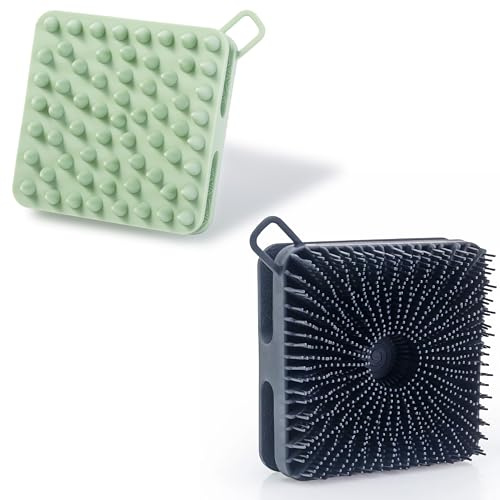 MtBoi 2 PC Silicone Exfoliating Body Scrubber, Body Shampoo Brush, Soft Silicone Loofah for Sensitive Skin, Shower Silicone Hair Scalp Massager, Easy to Clean, Lather Well(Black&Green)