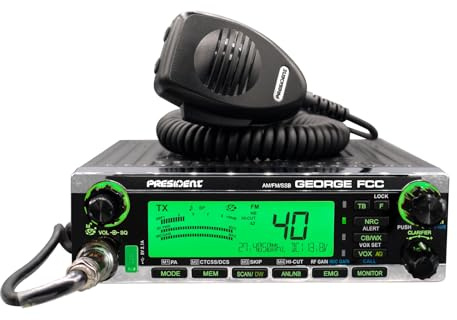 President George FCC AM/FM/SSB CB Radio, CTCSS/DCS, Large 7 Color LCD Display, Weather Channel/Alert, ASC, VOX, Scan Skip, USB Port, NRC, Automatic SWR, PA, SWR and Voltage Protection