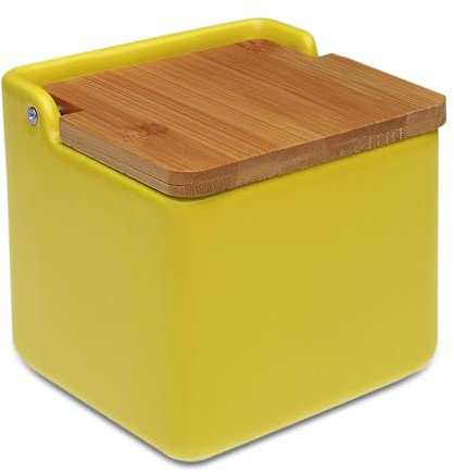 TIENDA EURASIA - Salero de Cocina de Cerámica | Tapa Abatible de Bambú | Salero | Medida 12 x 12 x 11 cm | Saleros Originales (Amarillo)