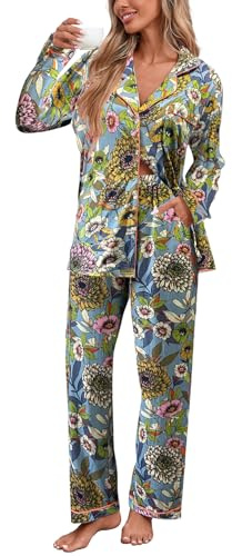 Famulily Pigiama da donna morbido e confortevole set da 2 pezzi maglietta da donna top pantaloni lunghi con tasche stampate bottone basso abbigliamento da notte loungewear, giallo., XXL